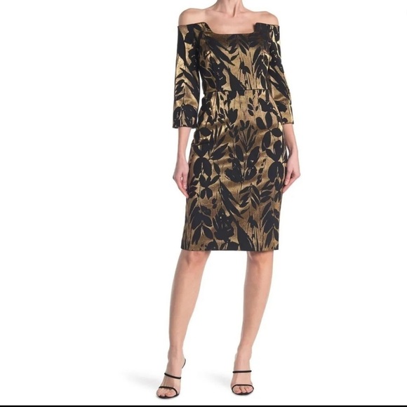 Trina Turk Sumire Off The Shoulder Jacquard Sheath Dress Black Gold size 6 - Picture 3 of 13